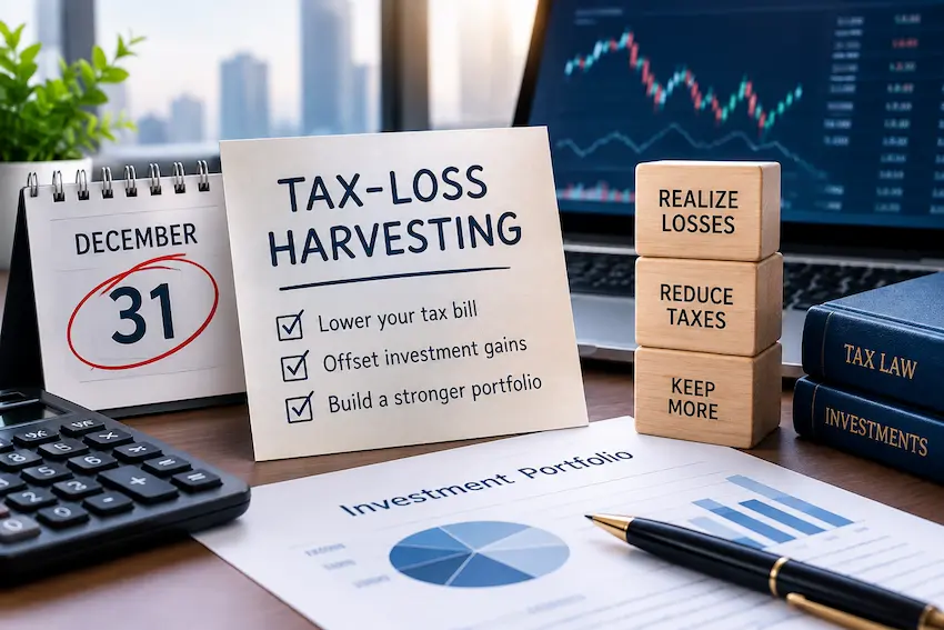 Professional financial workspace illustrating year-end tax-loss harvesting, with a December 31 calendar, investment portfolio reports, stock market charts, and tax law books
