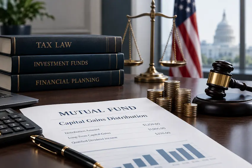 Professional financial and legal workspace featuring a mutual fund capital gains distribution statement, tax law books, calculator, scales of justice, and coins, illustrating investment taxation and capital gains distributions.