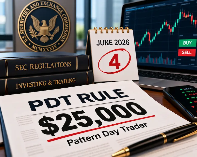 Pattern Day Trader (PDT) rule and $25,000 minimum equity requirement, highlighting the June 4, 2026 regulatory change, stock trading charts, and brokerage compliance.