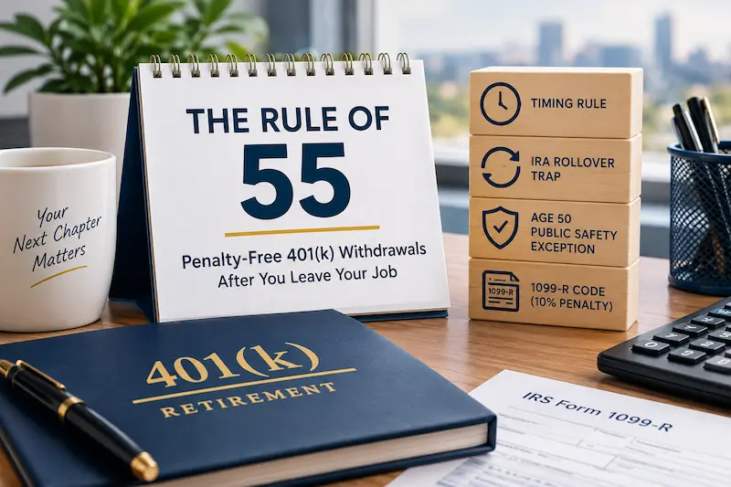 Professional financial image illustrating the Rule of 55 for 401(k) withdrawals, featuring a retirement savings notebook, calendar, calculator, and financial documents highlighting withdrawal timing rules, IRA rollover restrictions, the age-50 public safety exception, and IRS Form 1099-R.