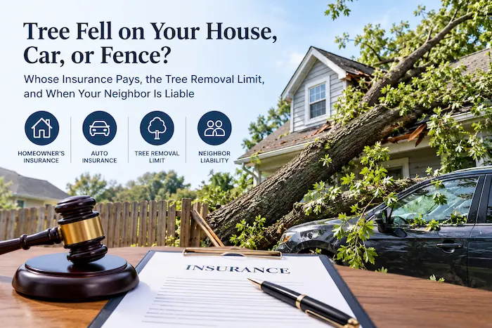 A fallen tree damages a suburban house and parked car, alongside an insurance claim checklist, legal books, and a judge’s gavel.