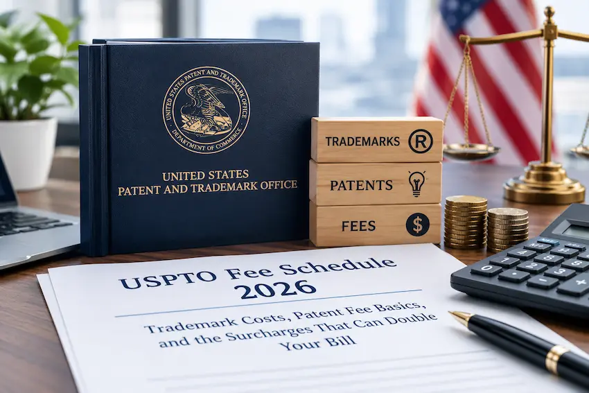 Professional desk displaying the USPTO Fee Schedule 2026, trademark and patent documents, a calculator, stacks of coins, and a legal balance scale.