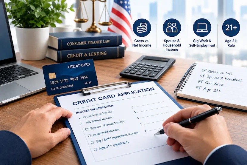 A person completing a credit card application beside a credit card, calculator, and consumer finance law books, illustrating gross versus net income, spouse and household income, gig work, and the age 21 credit card application rule.