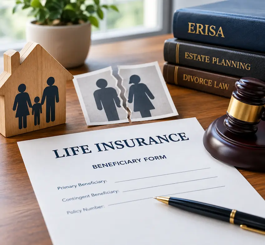 Life insurance beneficiary form, ERISA and estate planning law books, and divorce-related documents illustrating who receives life insurance benefits after divorce in the United States.