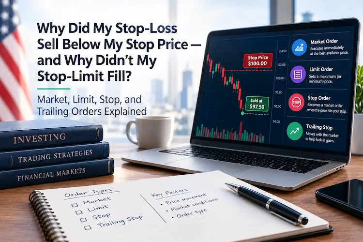 Laptop screen explaining stock trading order types, showing a stop-loss executed at $97.50 instead of the $100.00 stop price due to slippage, next to a notebook and investing books.