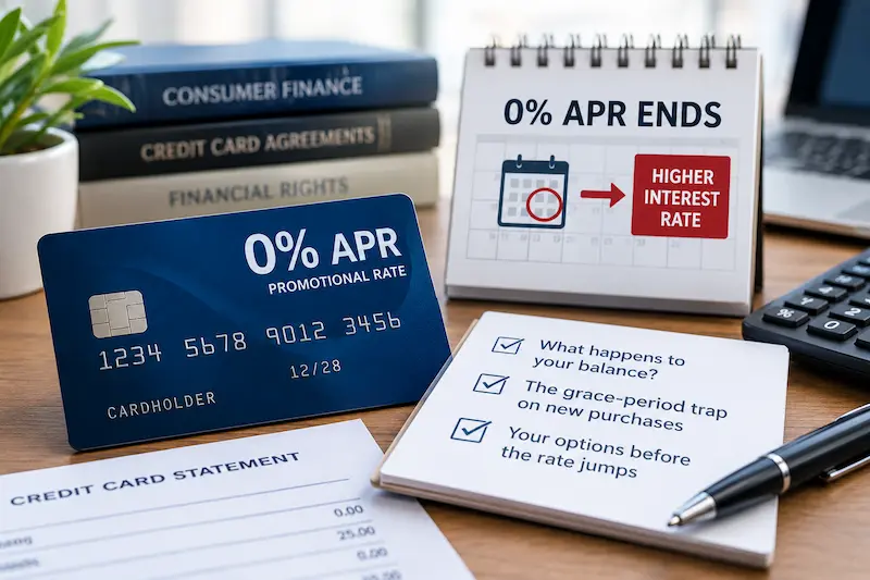 A credit card with a 0% promotional APR beside a calendar warning of an upcoming interest rate increase, illustrating credit card balance changes, grace-period risks on new purchases, and options before a promotional rate expires.