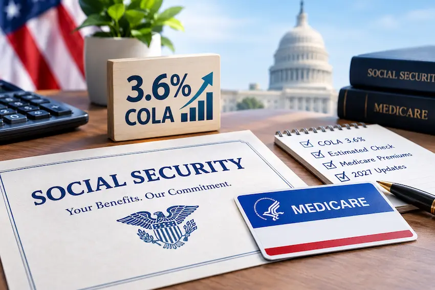 Professional financial illustration of the 2027 Social Security cost-of-living adjustment (COLA), featuring a 3.6% increase graphic, Social Security documents, a Medicare card, benefit estimate checklist, calculator, and the U.S. Capitol in the background.
