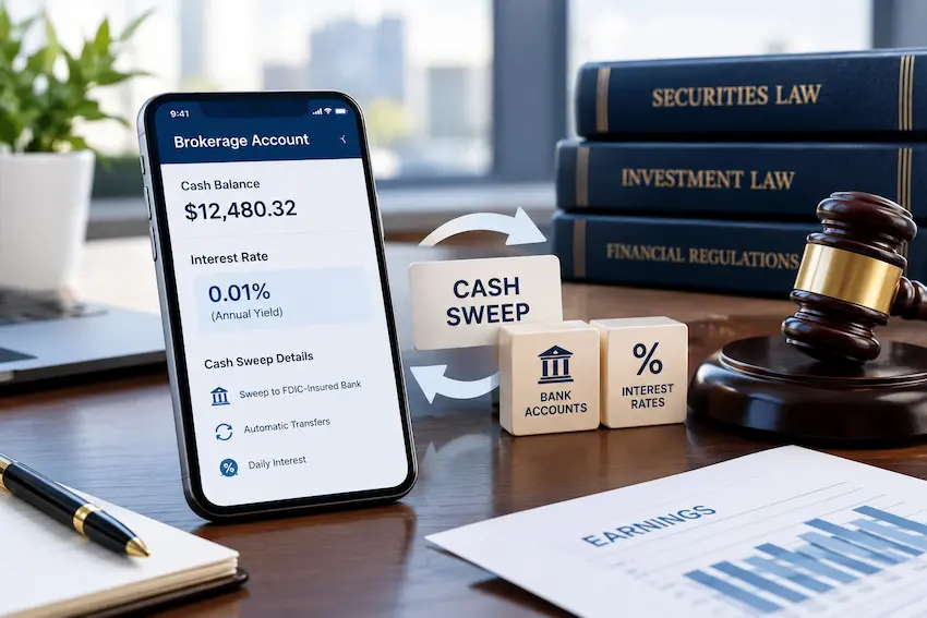Professional financial and legal illustration showing a brokerage cash balance with a low interest rate, cash sweep transfers to bank accounts, and legal books and a judge’s gavel on an office desk.