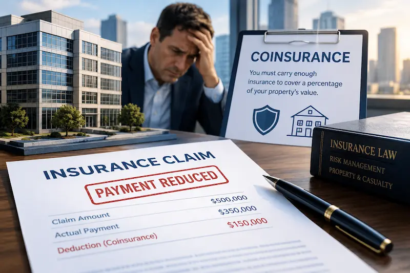 Commercial property insurance coinsurance clause reducing an insurance claim payout, with claim documents, a business property model, and a concerned building owner reviewing the financial loss.