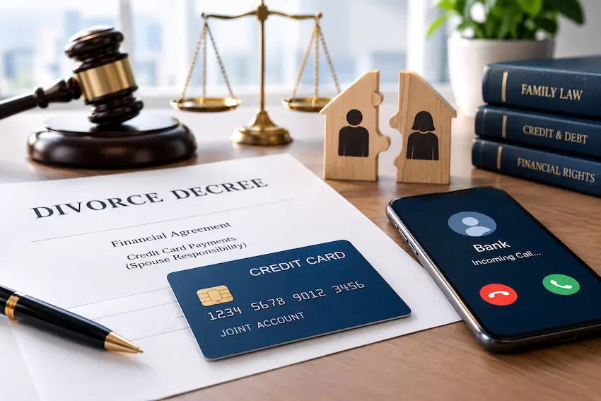 Divorce decree and joint credit card beside a smartphone receiving a bank call, illustrating credit card liability after divorce and the legal steps to separate shared financial accounts.