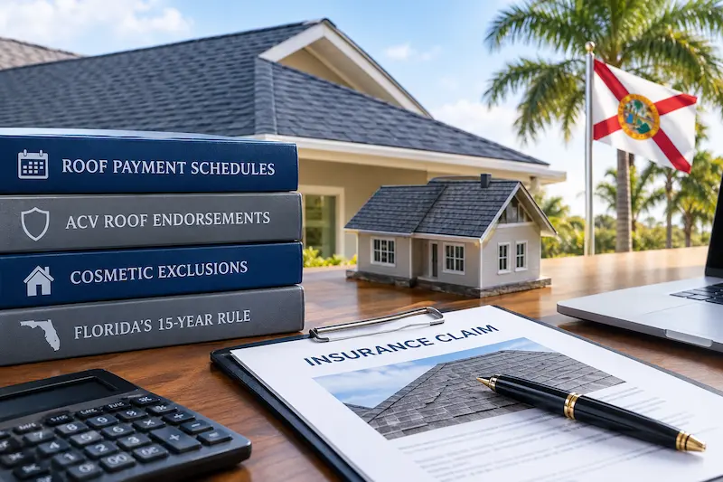 Homeowners insurance roof payment schedules, ACV roof endorsements, cosmetic damage exclusions, and Florida’s 15-year roof rule, illustrated with insurance documents, a shingled house, and a Florida flag.