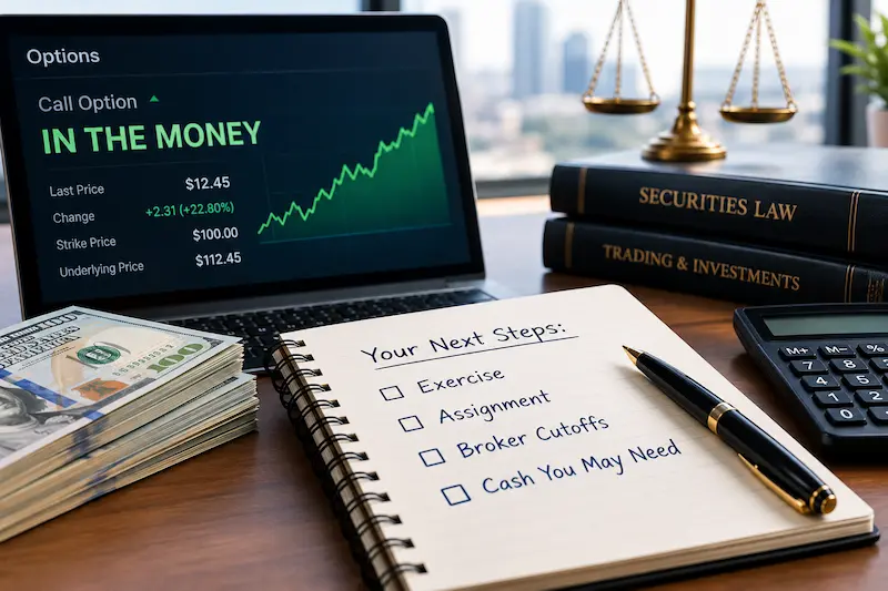 An open notebook on a desk displays a checklist titled "Your Next Steps:" with items for "Exercise," "Assignment," "Broker Cutoffs," and "Cash You May Need." In the background, a laptop screen shows a rising stock chart with the text "Call Option IN THE MONEY," alongside a stack of dollar bills, law books, and a calculator.