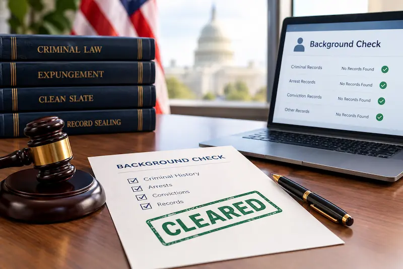 Legal desk with law books on expungement and clean slate laws, a judge’s gavel, and a background check report stamped “Cleared,” beside a laptop displaying “No Records Found.