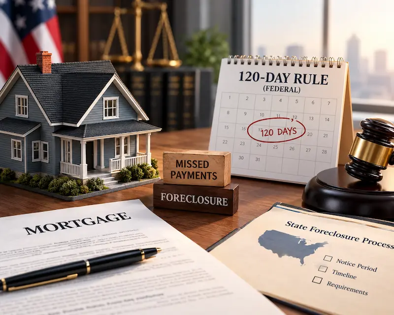 Miniature house beside mortgage documents, a calendar highlighting the federal 120-day foreclosure rule, and a judge’s gavel representing missed mortgage payments and state foreclosure procedures.