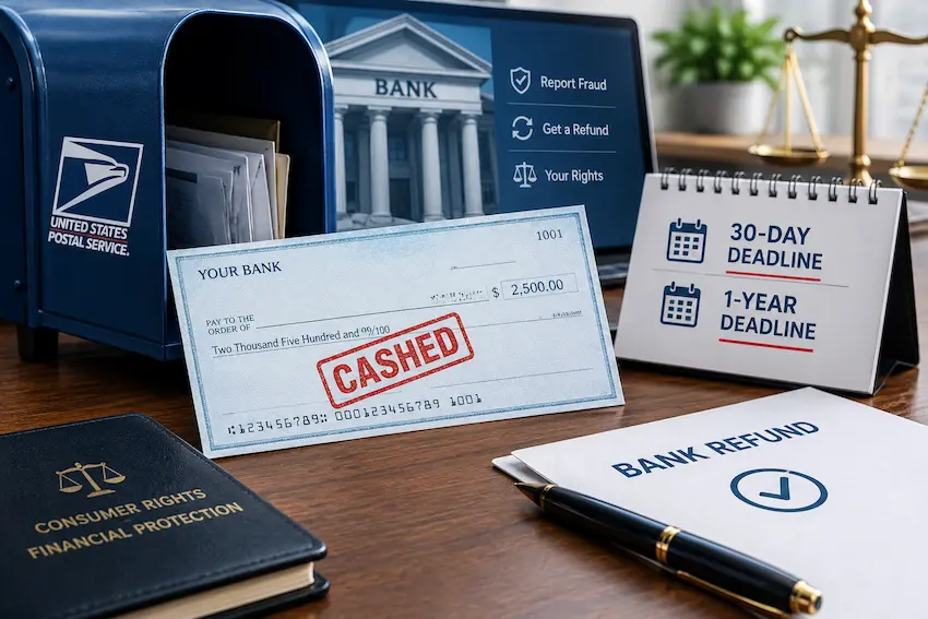 Check stolen from the mail and cashed, with a washed check, bank refund documents, and 30-day and 1-year deadlines for reporting check fraud.