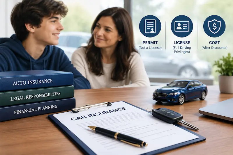 Teen driver and parent reviewing car insurance documents beside car keys and a model car, illustrating permit requirements, licensed teen drivers, insurance coverage, and discounts. Copy alt text