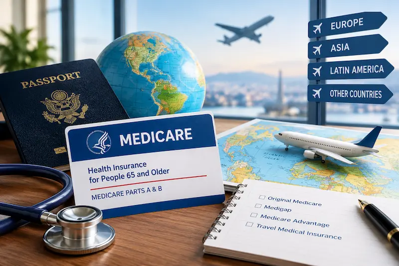 Medicare card and U.S. passport beside a globe, world map, airplane model, and medical coverage checklist illustrating Medicare coverage and travel medical insurance for international trips. Copy alt text