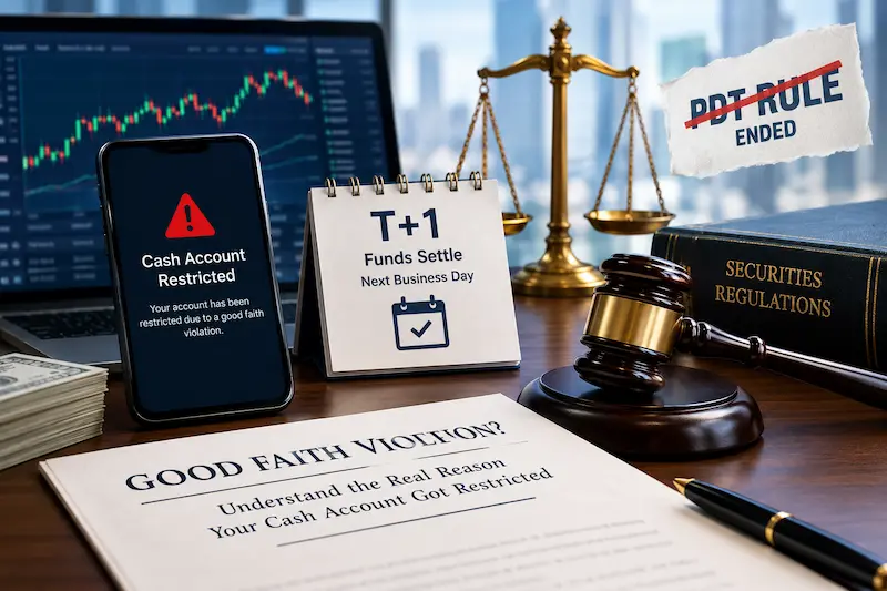 Good faith violation in a brokerage cash account, illustrating T+1 settlement timing, account restrictions, securities regulations, and the end of the Pattern Day Trader rule.