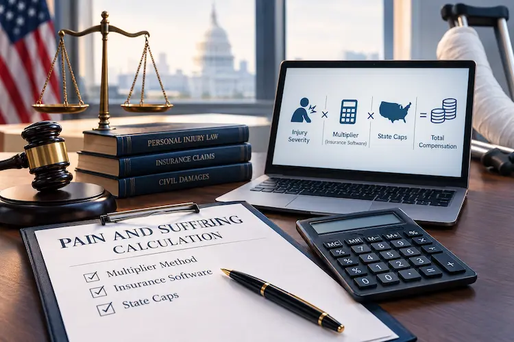 Pain and suffering compensation calculation for personal injury claims, featuring legal scales, a gavel, a calculator, insurance claim documents, and a visual representation of injury severity, insurance software, and state damage caps.
