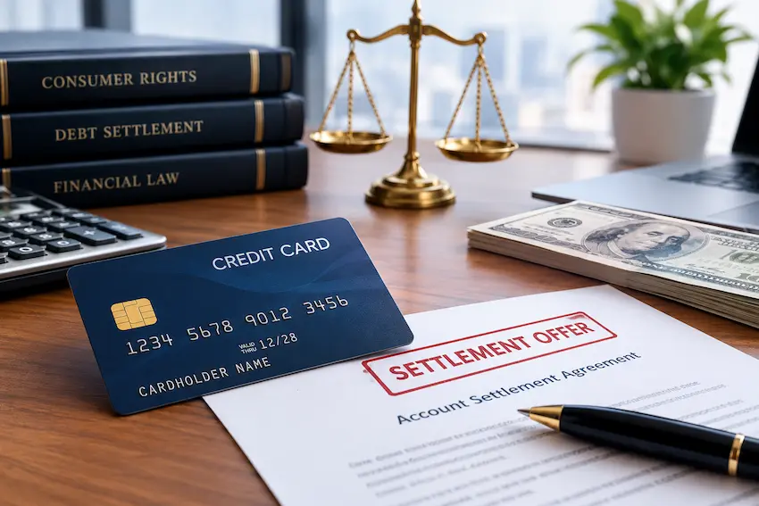 Credit card beside a debt settlement agreement stamped “Settlement Offer,” with legal books, scales of justice, a calculator, and cash on a desk.
