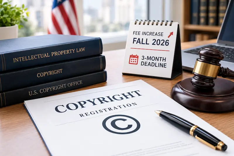 Professional copyright registration document with a copyright symbol, intellectual property law books, a legal gavel, and a calendar highlighting the Fall 2026 fee increase and three-month copyright registration deadline.