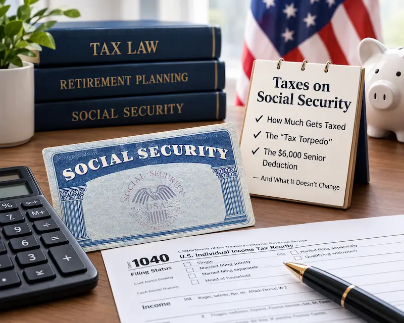 Professional financial desk with Social Security documents, tax forms, a calculator, retirement planning books, and a $6,000 senior tax deduction checklist, illustrating Social Security benefit taxation and the tax torpedo.