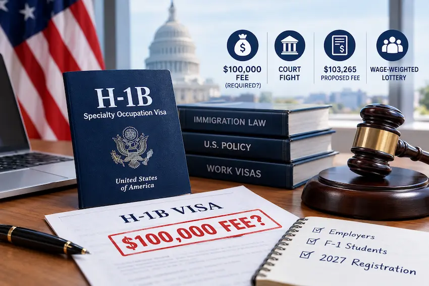 H-1B visa and immigration law documents beside a judge's gavel, with the U.S. Capitol and American flag in the background, illustrating the proposed $100,000 H-1B fee, the court challenge, the proposed $103,265 fee, the wage-weighted lottery, and 2027 registration planning for employers and F-1 students.