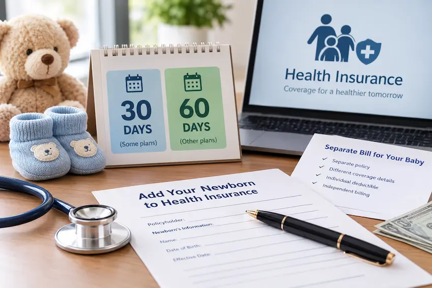 Newborn health insurance enrollment deadlines, 30-day and 60-day coverage windows, and separate medical billing for a baby.