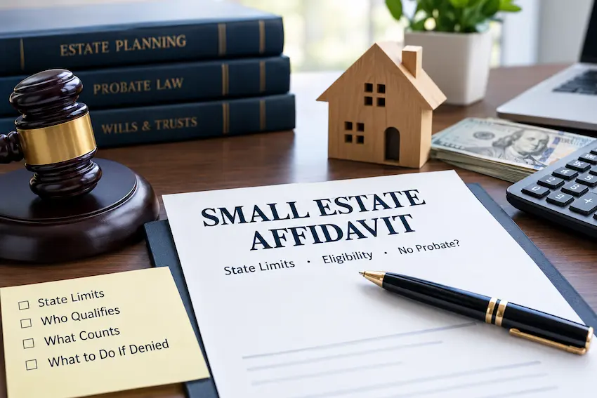 Small estate affidavit document on a desk with a judge’s gavel, estate planning law books, a model house, cash, and a calculator, illustrating state limits, probate avoidance, and small estate eligibility in 2026.