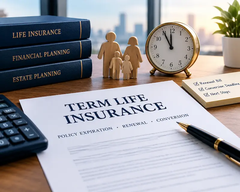 Professional term life insurance documents on a desk with a family figurine, financial planning books, a clock, and a checklist for policy renewal and conversion deadlines.