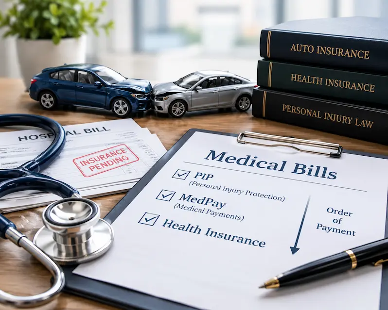 Medical bills and auto insurance documents after a car accident, illustrating how PIP, MedPay, and health insurance may cover hospital expenses and the order in which insurance payments are processed.