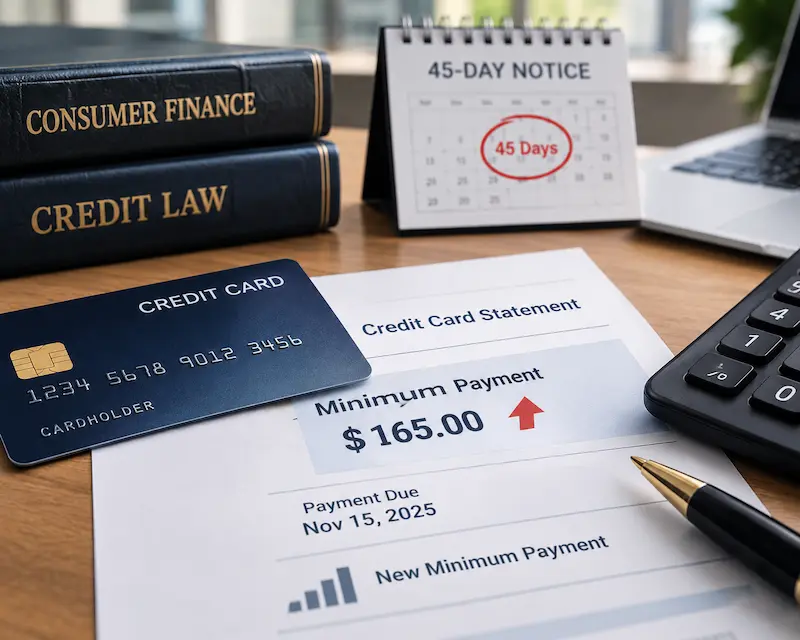 Credit card minimum payment increase, payment statement, calculator, and 45-day notice calendar illustrating credit card payment rules and borrowing costs.