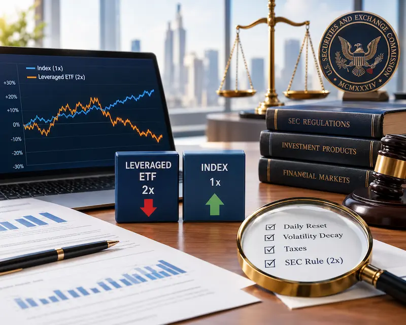 Leveraged ETF versus index performance chart illustrating daily reset and volatility decay, with financial reports, SEC regulations, tax considerations, and legal scales. Copy Alt Text