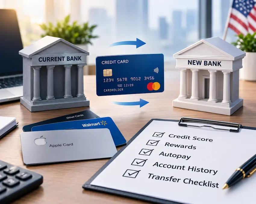Credit card transitioning from one bank to another, with Apple Card and Walmart cards alongside a checklist covering credit score, rewards, autopay, and account history.